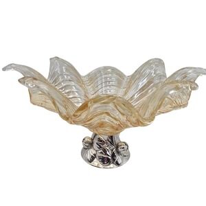 Antica Cristalleria Italian Art Glass Bowl Centerpiece‎ Silver Leaf Base Italy